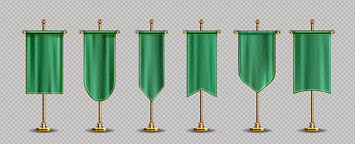 Green pennant flags mockup, blank vertical banners on gold flagpoles Isolated medieval heraldic empty ensign templates with oval, concave, pointed or double edges Realistic 3d vector illustration set