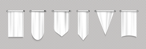 White pennant flags different shapes, canvas pendants for sport teams, varsity or heraldic symbols. Vector realistic template of blank hanging textile pennons isolated on transparent 