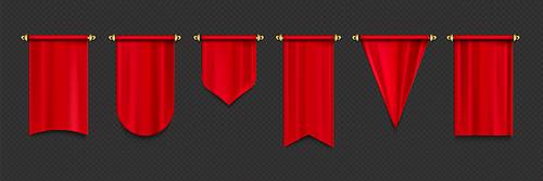 Red pennant flags mockup, blank hanging banners with rounded, concave, pointed and double edges. Medieval heraldic ensign templates. Realistic 3d vector icons set isolated on transparent background