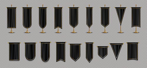 Pennant flags of black and gold colors mockup, blank vertical banners on flagpole and hanging with different edge shapes. Isolated medieval heraldic empty ensigns. Realistic 3d vector illustration set