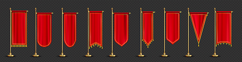 Red long pennant flags with golden tassel fringe isolated on transparent background. Vector realistic template of blank textile pennons different shapes on gold pillars