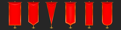 Red pennant flags different shapes on gold pillar. Vector realistic template of blank textile pennons on golden pole for sport teams, varsity or heraldic symbols isolated on gray background
