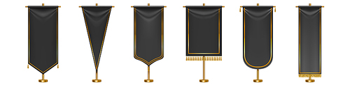 black long pennant flags with golden tassel fringe and borders isolated on white . vector realistic template of blank textile pennons different shapes on gold pillars