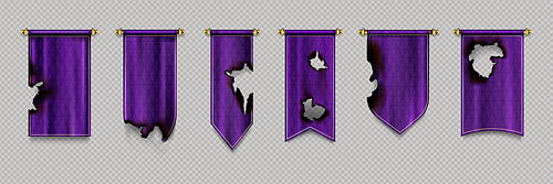 Old burn pennant flags mockup, purple blank hanging banners with gold border and burnt black holes. Medieval heraldic ensign templates. Realistic 3d vector icons set isolated on transparent background