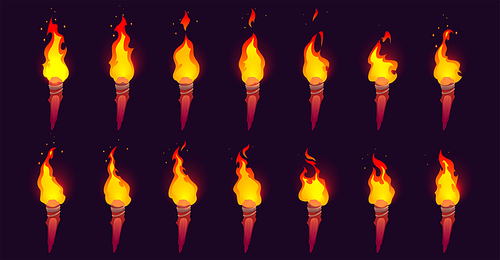 Burning fire on old wooden torch isolated on black background. Vector cartoon animation sprite sheet with sequence of yellow and orange flame on ancient wood torch
