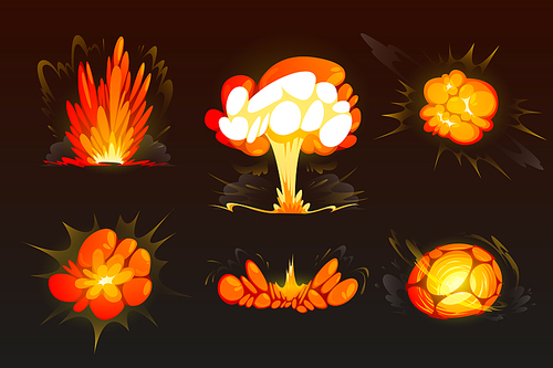 Cartoon bomb explosion set. Clouds, boom effect and smoke elements for ui game design. Dynamite danger explosive detonation, atomic comics fire detonators for mobile animation isolated vector icons