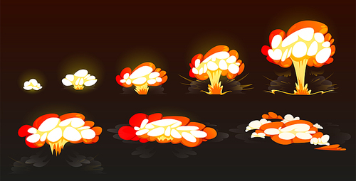 cartoon bomb explosion storyboard, animation  for mobile game. nuclear cloud, boom effect, smoke. dynamite explosive detonation, atomic fire motion isolated vector explode on black background