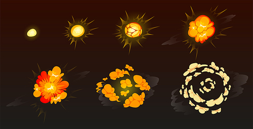 cartoon bomb explosion storyboard. clouds, boom and smoke animation  for mobile game. dynamite danger explosive detonation, atomic comics fire motion isolated vector explode on black background