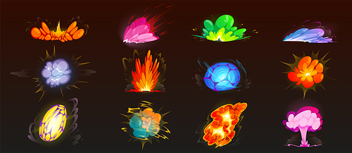 Cartoon bomb explosion set. Clouds, boom effect and smoke elements for ui game design. Dynamite danger explosive detonation, atomic comics fire detonators isolated vector icons