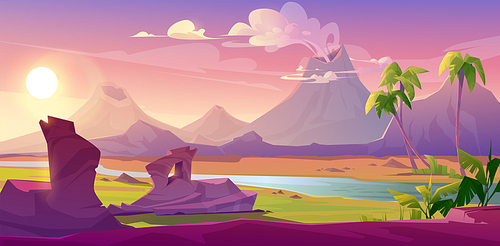 Prehistoric steaming volcanoes, cartoon volcanic background with palm trees, river and rock under pink sky with shining sun. Jurassic era of Earth evolution, tropical landscape, Vector illustration