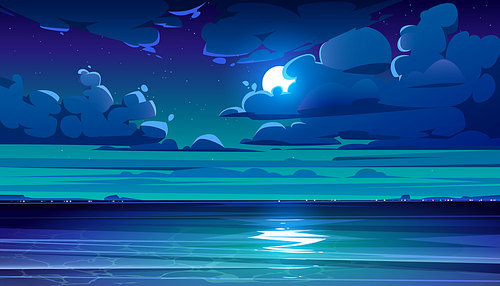 Night sea landscape with moon, stars and clouds in dark sky. Vector cartoon illustration of midnight scene with ocean, with coastline silhouette on horizon and moonlight reflection in water