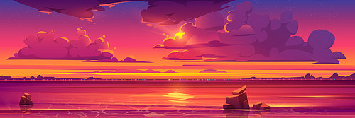 Sunset in ocean, pink clouds in sky with shining sun above sea with rocks sticking up of water and city lights on opposite shore, nature landscape background, evening view. Cartoon vector illustration