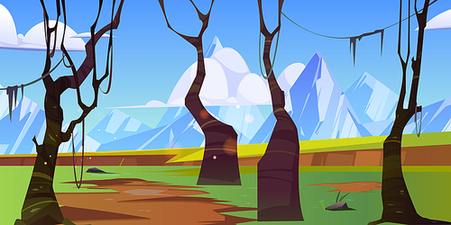 Spring landscape with forest and white mountains on horizon. Vector cartoon illustration of green valley with bare tree trunks, grass and snow rocks on skyline
