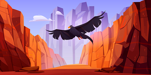 Crow fly in canyon with red mountains. Vector cartoon landscape of gorge with stone cliffs and rocks and flying raven, wild bird with black wings and orange beak