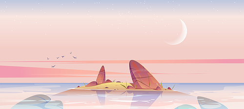 Sea beach and small island in water with rocks in morning. Vector cartoon landscape of ocean or lake coastline, sand shore with stones, moon and stars in sky after sunset