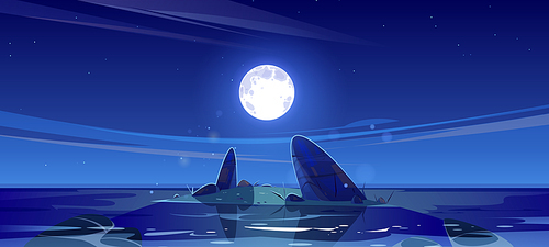 Night seascape view, ocean or sea nature landscape with shallow or land with rocks in dark water under starry sky with full moon. Marine nighttime tranquil background, Cartoon vector illustration