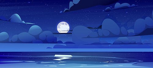 Sea landscape with moon, stars and clouds in dark sky at night. Vector cartoon illustration of midnight scene with ocean, lake or river with moonlight reflection in water