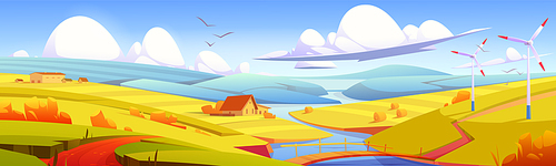 Rustic landscape, meadow, rural field with bridge over river, hay stacks and farm buildings. Parallax effect, scenery autumn countryside nature background in yellow colors, Cartoon vector illustration