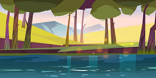 Forest pond nature landscape, calm lake or river flow under green trees and rocks at early pink morning. Wild beautiful scenery view, summer wood at sunrise cartoon background, Vector illustration