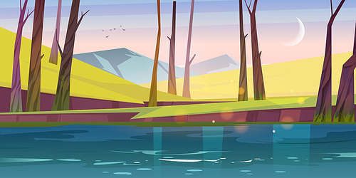 Calm landscape with river, green grass, bare trees and mountains at morning. Vector cartoon illustration of nature scene of lake or pond in spring forest, rocks on horizon and moon in sky after sunset