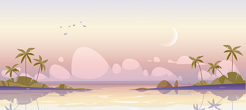 Tropical island at early morning, calm sea and palm trees under pink cloudy sky with waxing crescent, ocean water surface and birds in dawn heaven. Beautiful nature landscape Cartoon vector background