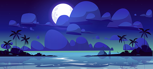 Tropical landscape with sea bay at night. . Vector cartoon illustration of summer seascape with lagoon or harbor, palm trees silhouettes on shore, moon and clouds in dark sky