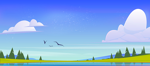 Summer nature landscape, scenery valley with lake, mountains, green field and conifers trees. Pond and spruces under blue sky with fluffy clouds and flying birds, cartoon parallax vector background
