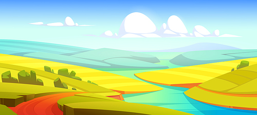 Summer landscape with green fields, river and road. Vector cartoon illustration of countryside with meadows and grassland on hills, water stream and rural road on riverside