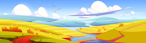 Autumn landscape with hay bales on agriculture field, road and wooden bridge over river. Vector cartoon illustration of countryside, farmland with round wheat straw rolls and blue water stream