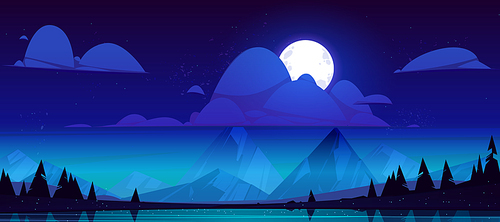 Night landscape with lake, mountains and trees silhouettes on coast. Vector cartoon illustration of nature scenery with coniferous forest on river shore, rocks, moon, clouds and stars in sky