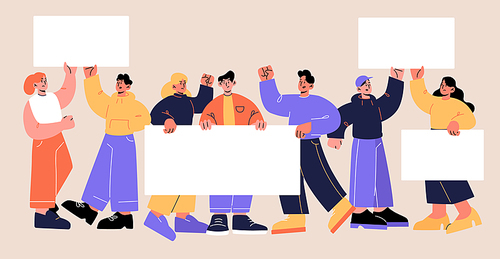 Group of people holding blank banners on protest demonstration, strike, political rally. Vector flat illustration of angry activists, picket participants standing with empty posters
