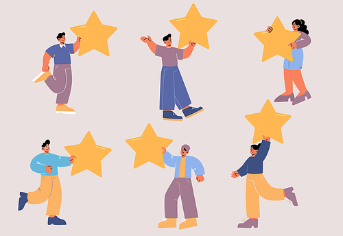 People with gold stars rate service quality, give feedback to app or product. Vector cartoon set of happy characters holding golden stars. Concept of customer satisfaction, good rating, best result