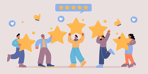 Feedback, customer review concept. Rating of client satisfaction of service, app or product. Vector flat illustration of quality rate with people holding gold stars and like symbols