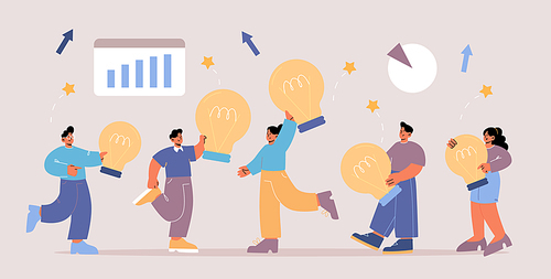 People with light bulb work together, have brainstorm, share creative ideas. Concept of teamwork for search success business solution. Vector flat illustration with group of characters
