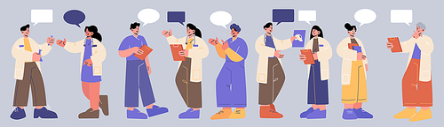 Doctors with speech bubbles, medical staff advice, concilium, consultation. Hospital healthcare characters in medical robes meeting and communication, discuss issues Line art flat vector illustration