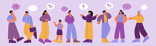 People with speech bubbles and questions, curious and thoughtful characters conversation. Men, women and kids ask, share impressions, talking to friends or colleagues Line art flat vector illustration