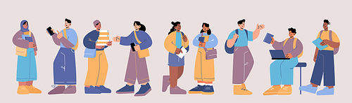 Group of multiracial people, students of school, college or university. Vector flat illustration of international teenagers with backpacks, bags, books and phone