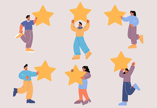 People holding stars, rating, consumer feedback or customer review evaluation, satisfaction level and critic concept. Tiny clients with huge gold stars in hands, Line art flat Vector illustration