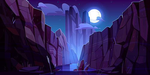 Mountain river in canyon at night. Vector cartoon landscape of nature park, water stream in gorge with stone cliffs and rocks. Grand canyon national park in Arizona