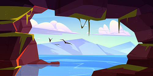 Cave in rock with moss and water and view to lake and mountains on horizon. Vector cartoon landscape of stone cavern entrance, sea, flying birds and clouds in sky
