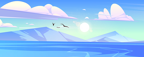 Ocean or sea with mountains and gulls in blue cloudy sky scenery nature landscape. Fluffy clouds fly above rocks and calm water surface. Summer tranquil seascape background Cartoon vector illustration