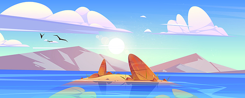 Ocean or sea nature landscape with shallow or land with rocks in clean water under fluffy clouds and gulls flying in sky. Morning or day time tranquil seascape background, Cartoon vector illustration