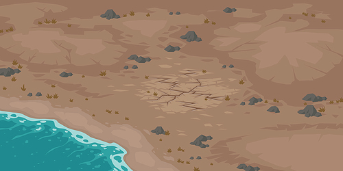 Sea beach and wasteland with dry cracked soil. Vector cartoon landscape with ocean shore and barren ground surface with stones and fractures from drought, erosion or earthquake