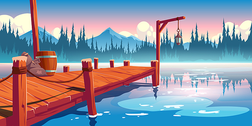 Wooden pier on lake, pond or river landscape, wharf with ropes, lantern, barrel and sacks on picturesque background with clouds, spruces and mountains reflection in water. Cartoon vector illustration