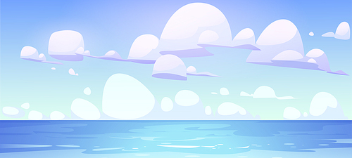 Sea landscape with calm water surface and clouds in blue sky. Vector cartoon illustration of ocean bay, harbor or lake. Summer scenery with tropical seascape and marine horizon