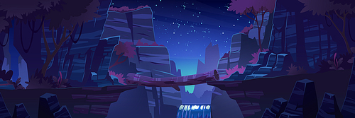 Log bridge between mountains edges above cliff night time landscape, rock peaks, waterfall and trees under starry sky scenery background. Beautiful nature view with beam, Cartoon vector illustration