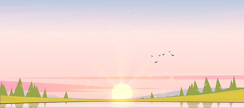 Sunrise landscape with lake, birds in sky, silhouettes on hills and trees on coast. Vector cartoon illustration of nature scenery with dawn, coniferous forest on river shore and sun on horizon