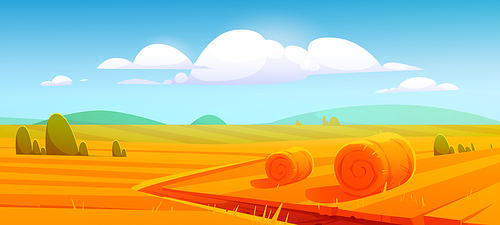 Rural landscape with hay bales on agriculture farm field. Vector cartoon illustration of countryside, farmland with round wheat straw rolls, yellow haystacks and barns