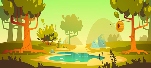 Cartoon forest background with pond or swamp and trail, nature landscape with trees, green grass and bushes. Beautiful scenery view, summer or spring wood or park area with plants, vector illustration