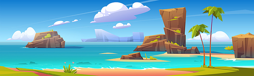 Sea beach, rock islands in water and clouds in blue sky. Vector cartoon summer landscape of ocean shore, mountains, green grass and palm trees on sand beach. Seascape panorama